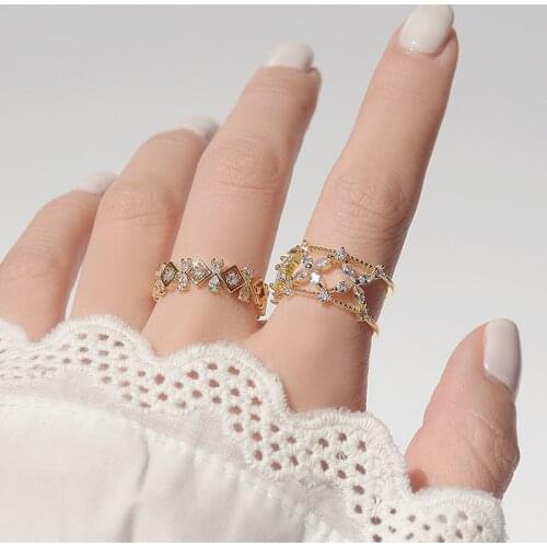 14K Real Gold Plated CZ Cubic Zircon Pierced Flower Adjustable Wedding Rings for Women Delicate Jewelry Crystal Engagement Rings