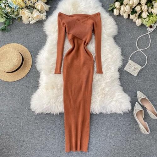 Women Sexy Sweater Dress Vestidos 2020 New Autumn Winter V Neck Slim Bodycon Dresses Ladies Elegant Midi Knitted Dress Mujer