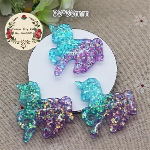 10pcs Kawaii Cartoon Unicorn Blue and Purple Glitter Resin Flatback Cabochons DIY Home Decoration Accessories,35*36mm