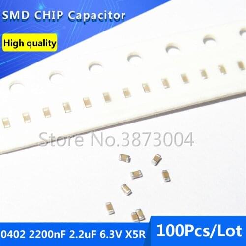 100pcs 0402 2200nF 2.2uF 6.3V X5R 10% Thick Film Chip Multilayer Ceramic Capacitor