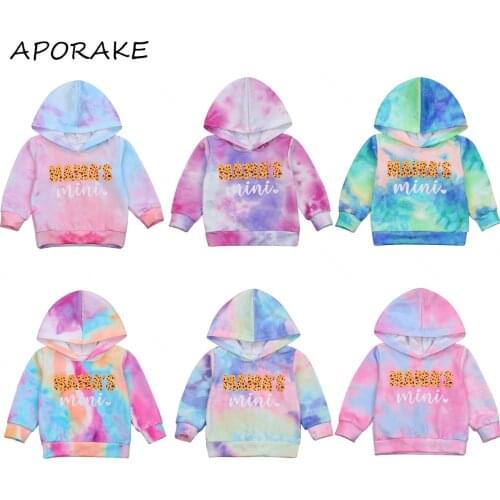2020 0-5Y Toddler Baby Girl Tie Dye Hoodies MAMA MINI Leopard Letter Print Long Sleeve Hooded Top Autumn Kids Outwear Pullovers