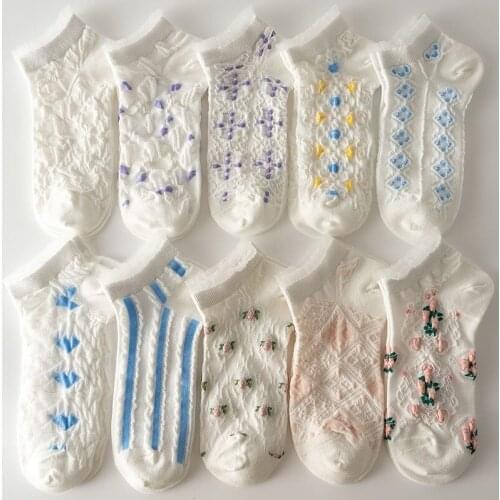 5 pairs Japan Harajuku cute woman socks Lolita crystal silk cartoon flower short socks breathable empty kawaii female boat socks