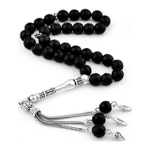 925 Sterling Silver Tassel Handmade Rosary with Facet Cut Onyx Stone