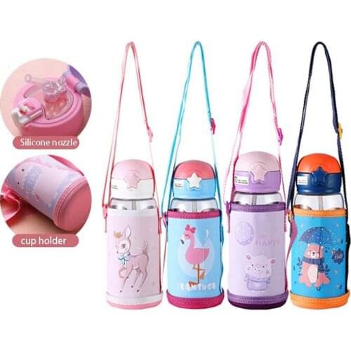 Kids Water Sippy Cup with Bag Cartoon Baby Feeding Cups with Straws Leakproof Water Bottles Outdoor Portable Childrens Cups