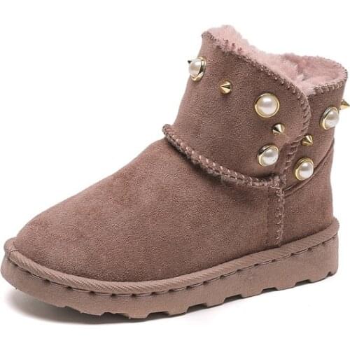Winter Children Snow Boots Ankle Warm Rivet Toddler Shoes Boy Girl Leather Plush Flat Baby Kid Outdoor Fashion Thick Non-Slip