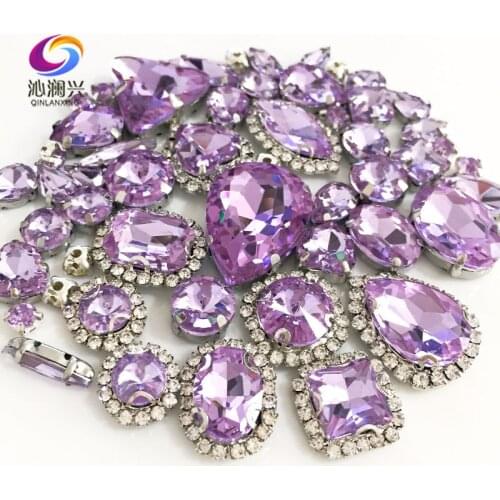 Crystal violet color Mix size Crystal buckle+claw rhinestone,Silver base galss sew on stones diy/Clothing accessories 50pcs/pack