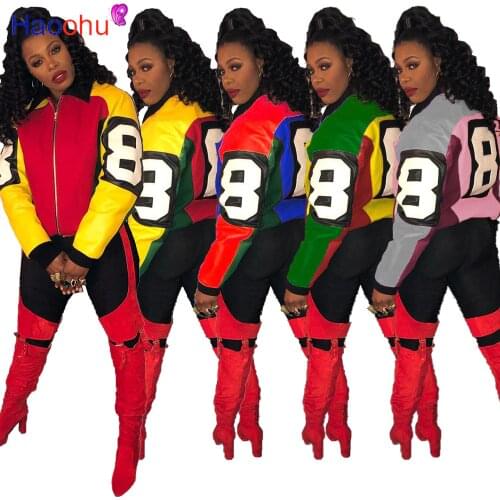 HAOOHU Streetwear Patchwork Bomber Jacket Women Number Print Fashion Crewneck Jacket Female Oversized Jacket Autumn Ladies Fall