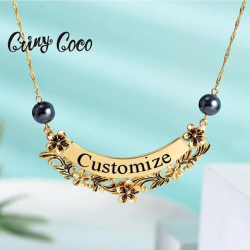 Trendy Flower Necklace Custom Name Gold Color Chain Choker Black Pearl Personalized Letter Pendants Necklaces for Women Friends