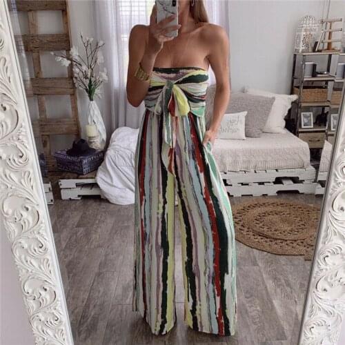 Fashion Women Striped Jumpsuit Romper 2019 Wrap Chest Casual Clubwear Off Shoulder Jumpsuit Sexy Bandeau Bodysuit Wide Leg Pants
