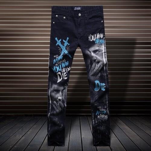 Thintenda Jeans Hommes 2018 Korean Mens Spring And Summer New Painting Print Mens Skinny Jeans Black Nightclub Mens Clothing