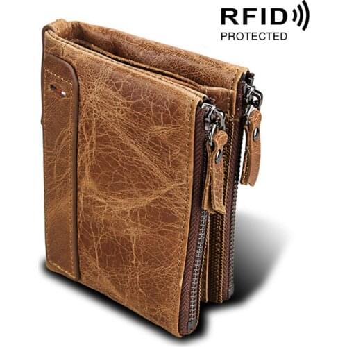Genuine Cow Leather RFID Men Wallets Double Zipper Short Purses Card Holder Coin Pocket Vintage High Quality Brand Male Wallets