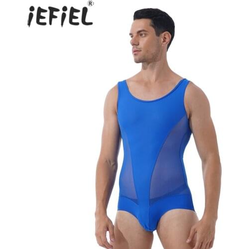Men See-through Mesh Patchwork Lingerie Bodysuit Wrestling Sport Bodycon Jumpsuit Sleeveless Bulge Pouch Sexy Leatord Clubwear