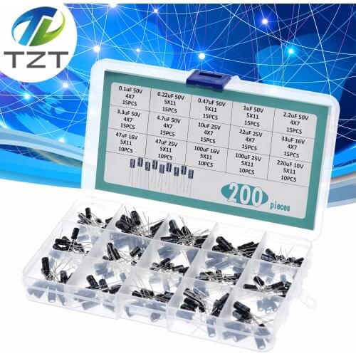 200pcs/lot Radial capacitors set 15Values 0.1uF-220uF Electrolytic Capacitor Assortment Kit 10V/16V/25V/50V capacitor pack