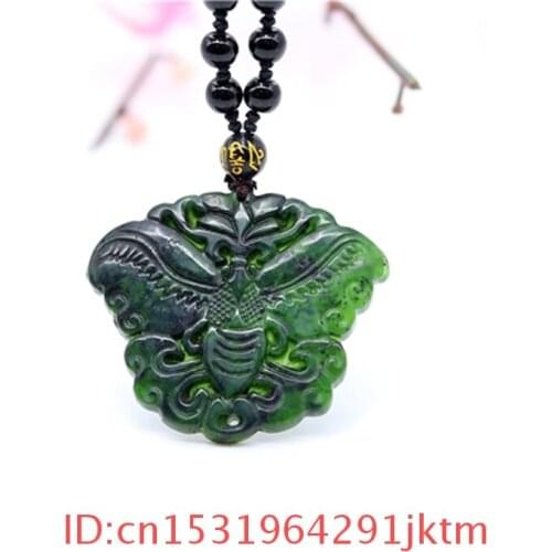 Hand-Carved Jade Chinese Natural Jewelry Green Black Obsidian Gifts Butterfly Amulet Men Pendant Accessories Charm Necklace for