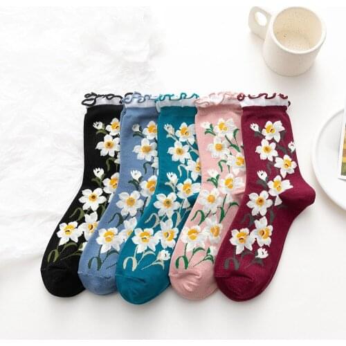 Novelty Flower Print Women Funny Socks Harajuku Retro Vintage Streetwear Long Socks Ladies Girls Japanese Kawaii Cute Crew Socks