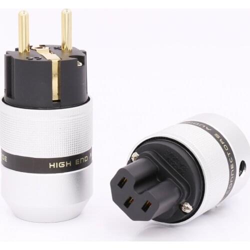 New 1pair Hi End Audio Aluminum Gold Plated Schuko Power Plug Connector+IEC Female Plug