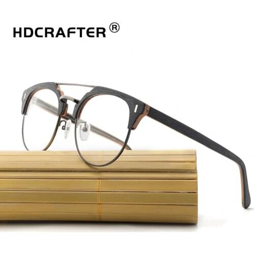 HDCRAFTER Retro Round Eyeglasses Frames Wooden Men Women Optical Myopia Glasses Frame Computer Reading Spectacle Plain Glasses