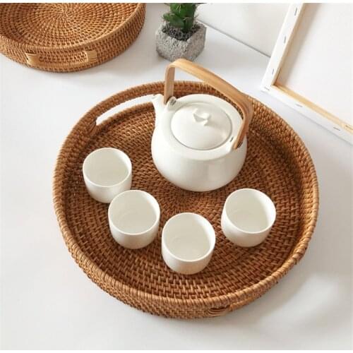 Rotan Mand Opslag Dienblad Thee Fruit Ronde Mand Met Handvat Hand Geweven Rotan Lade Rieten Manden Brood Eten Ontbijt display