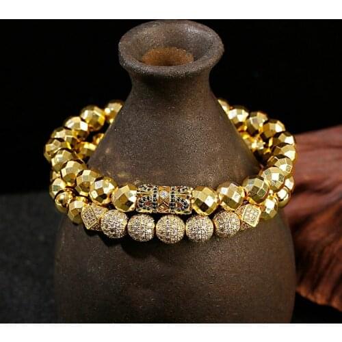 Luxury Royal Crown Charm Bracelet Men Fashion Gold Adjustable Natural Stone Beads Men Bracelet Homme Jewelry Gift