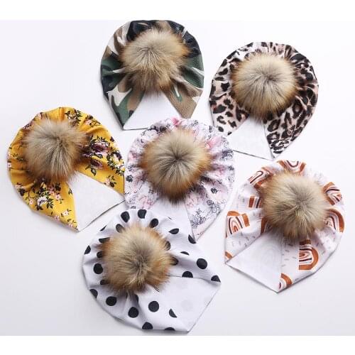 Leopard Flower Print Baby Hat Soft Seersucker Fake Fur Ball Rainbow Boy Girls Beanies Big Pompom Autumn Winter Newborn Caps 0-2T