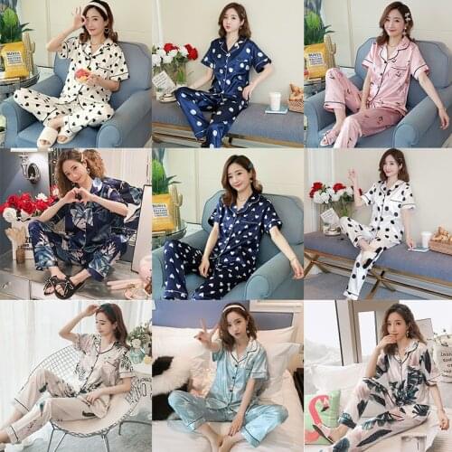 Ice Silk Pajama Lady Thin Style Loose Short Sleeve Trousers Two Sets Silk Home Wear Pajama Sets Womens Sleep & Lounge Underwear