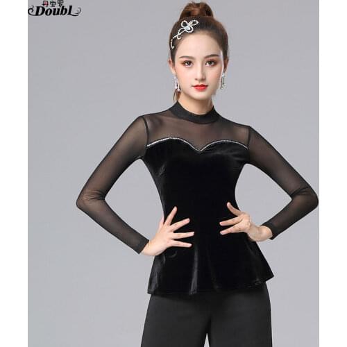 DOUBL morden dance dress female adult velvet dance top ballroom fashion new dance dress long sleeve practise Latin dance dress