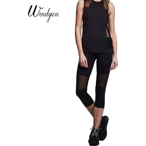 Wendywu New Fashion Sexy Mesh Patchwork Mid Waist Women Black Bodycon Mid-Calf Leggings