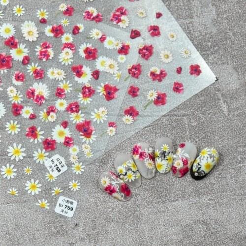 2021 Japanese 5D Embossed Nail Art Stickers Ultra-thin Relief Adhesive Red Yellow Daisy Flower Slide Decals Manicure Decoration
