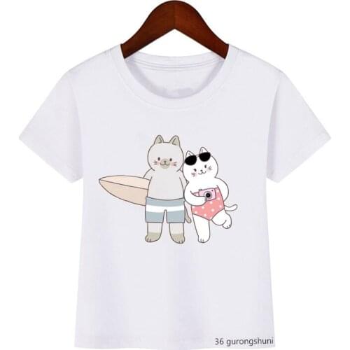 Love Funny Travel Cat Beach Graphic Print Kawaii Girls T-shirt Kids Clothes Summer Fashion Casual Boys T Shirt Tops Wholesale