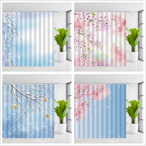 BylLlFir Shower Room Curtains Flower Plant Butterfly Four Seasons Floral Scenery Pattern Bathroom Waterproof Polyester Curtain