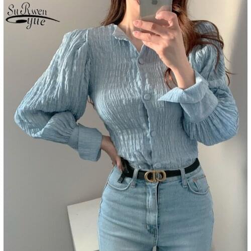 2021 Autumn Retro Pleated Slimming Lantern Sleeve Womens Shirts Fashion Chic Cotton Long Sleeve Solid Blouse Women 10993