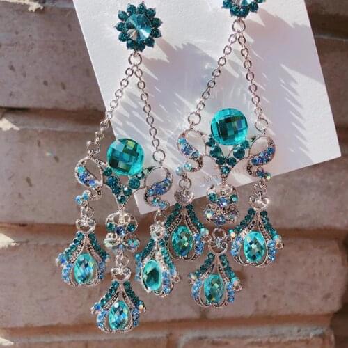 MENGJIQIAO New Korean Style Luxury Green Crystal Long Dangle Earrings For Women Girls Elegant Vintage Party Jewelry Gifts
