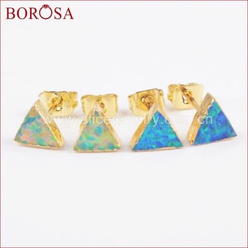 BOROSA Druzy Gold Color Triangle White/Blue Opal Earrings Japanese Opal Stud Earrings Gems Jewelry for Women HIgh Quality G1424