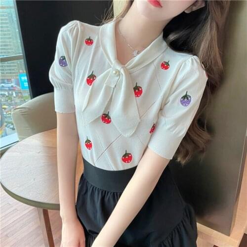 Knit Two Piece Sets Summer Sweaters Ice Silk White Short-Sleeved T-Shirts Ladies Brief Paragraph Design Feeling Small Embroidery