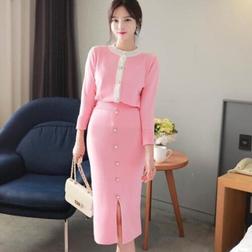Ladies Casual Knitted Suit 2020 New Autumn Fashion Women 2 Piece Set pink Hit color Knit Sweater Tops + Sheath Split Skirts