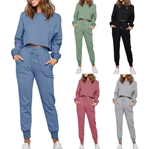 Womens Tracksuit Set 2021 Autumn Fashion Casual Solid Color O-Neck Long Sleeve Top Female Drawstring Harem Pants Two Piece Suit