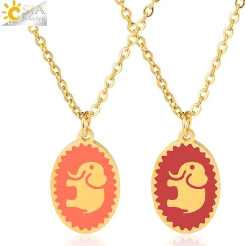 CSJA Stainless Steel Necklace Women Trend 2021 Gold Color Luxury Link Chain Enamel Oval Elephant Pendant Necklaces Colliers S774