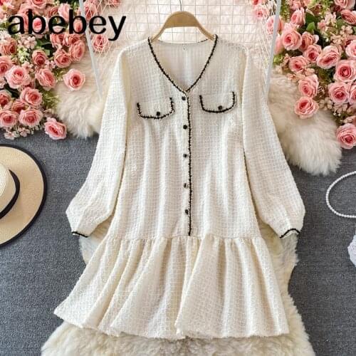 2021 New Spring Autumn Vintage V-Neck long sleeve Dress Ruffles patchwork single breasted loose mid-length A-line tweed Dress