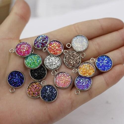 12MM Druzy Drusy Charm Pendant Resin Cabochon Stainless Steel Button DIY Earrings Necklace Jewelry Gift