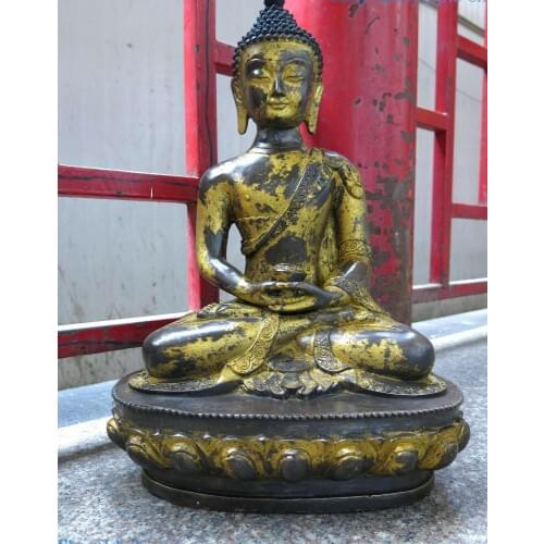 19" China old bronze gild carved beautiful apothecary Medicine Buddha Statue