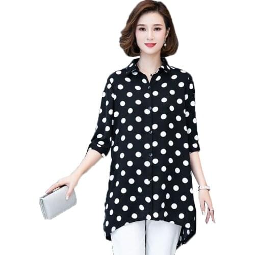 5XL Plus Size Womens Shirt Spring Summer New Chiffon Shirt Tops Mid-Length Dot Printing Tee Shirts Top Sun Protection Clothing