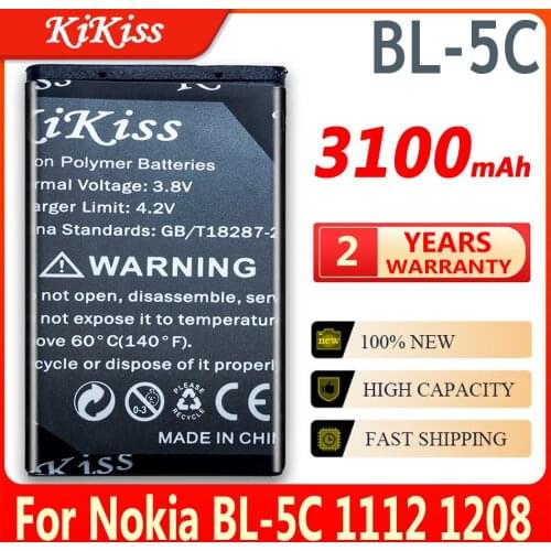 KiKiss Battery 3100mAh BL-5C For Nokia 1000 1010 1100 1101 1108 1110 1112 1116 1208 1600 2020 6680 E50 E60 N70 N71 N72 N91 BL 5C