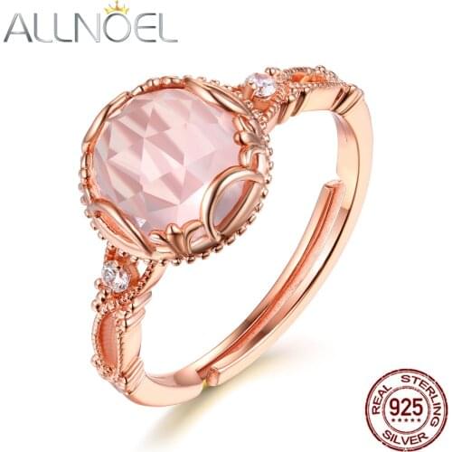 ALLNOEL Real 925 Sterling Silver Ring For Women Engagement 8mm Natural Rose Quartz Opal Round Ring Jewelry Trendy Jewelry