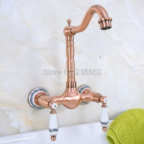 Antique Red Copper Bathroom Kitchen Sink Basin Faucet Mixer Tap Swivel Spout Wall Mounted Dual Ceramic Handles Lnf954