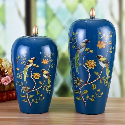 American Style porcelain storage pot Decals Hand Painted Flowers And Birds decorative ceramic Ginger jar with lid