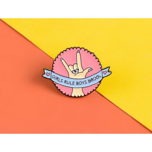 Round pink sweet romantic gesture confession custom enamel jewelry brooch love GIRLS RULE BOYS DROOL shirt coat badge lapel pin