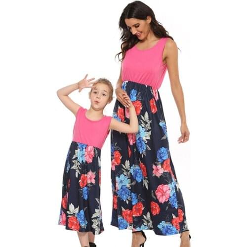 Summer Mommy And Me Floral Dresses Casual Family Outfits Matching Flower Tank Maxi Long Dress Instagramable Sundress