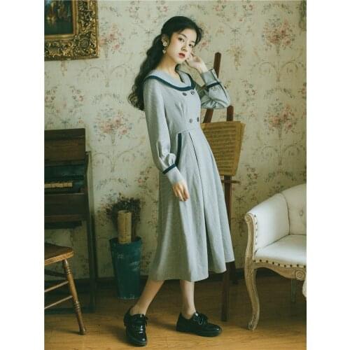 2019 new fashion womens clothing Full Mid-Calf Sailor Collar dresses winter dress
