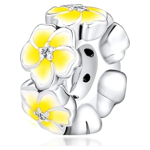 Fits for Pandora Charms Bracelets Magnolia Bloom Beads with Yellow Enamel 100% 925 Sterling-Silver-Jewelry Free Shipping