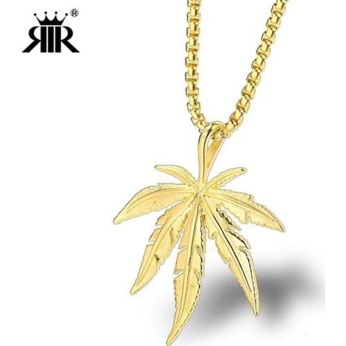 RIR Trendy New Weed Necklace Stainless Steel Hip Hop Gold Maple Leaf Patch Charm Pendant Necklace For Women Men Jewelry